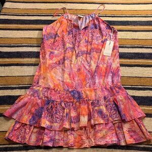 Ale by Alessandra Mini Dress M/L Pink Orange Boho Ruffle Halter Neck Beach New